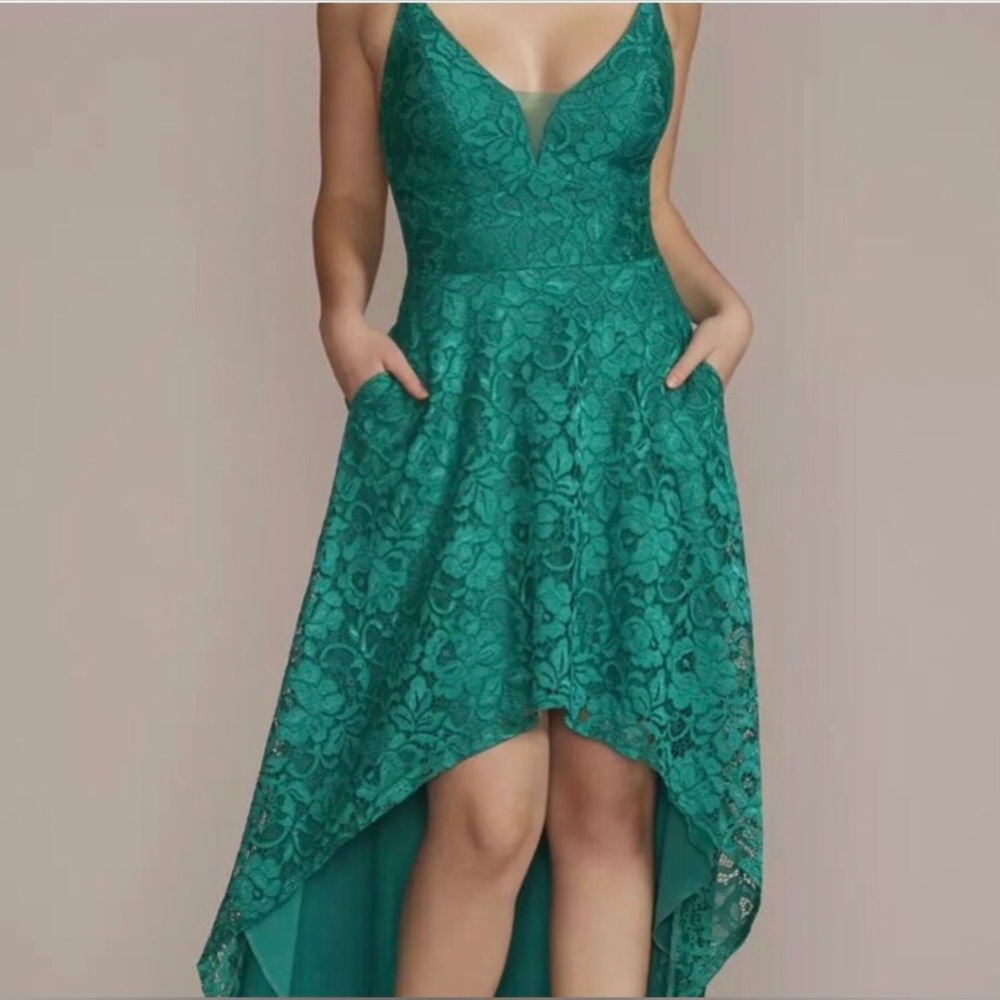David’s Bridal Studio Ven Lace Dress Hi Low  Jade / Green Glam Ballroom Party 18